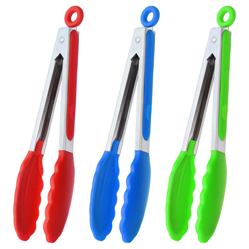 HINMAY 9" Silicone Kitchen Tongs with Silicon tips, Set of 3 (Red Blue Green) - Image 1